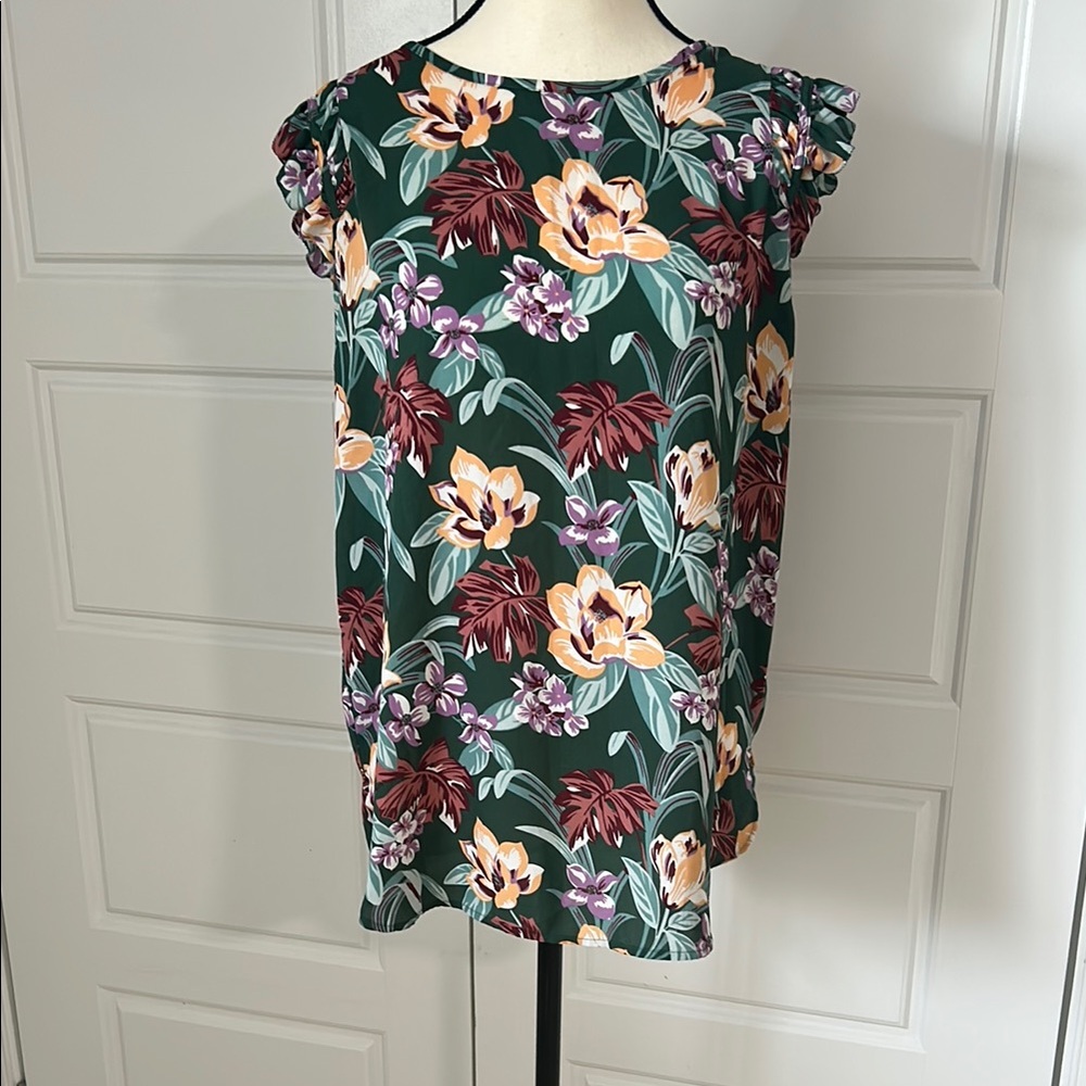 LOFT Green Floral Ruffled Relaxed Blouse